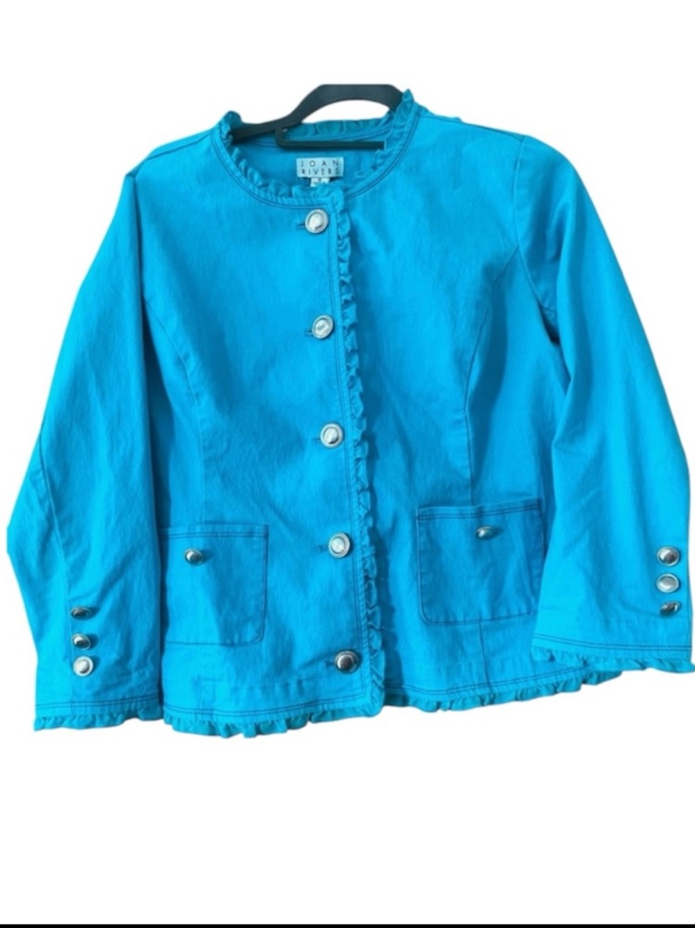 Joan Rivers Turquoise Ruffle Trim Jacket Silver Buttons Size 10 - Picture 4 of 9